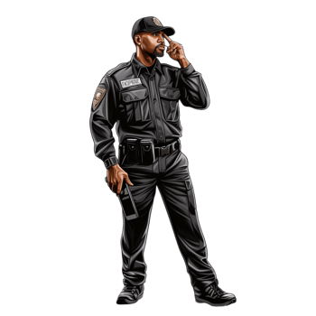 Security guard dressed in black uniform speaking into a radio png