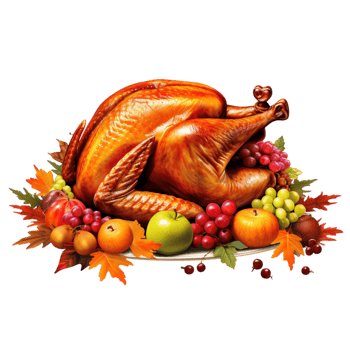 Roasted Thanksgiving turkey surrounded by fruits leaves png