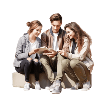 Three young friends sitting together looking at a tablet png