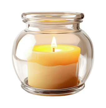 Amber scented candle in glass jar with glowing flame, cut out png