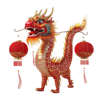 Chinese New Year Dragon Surrounded by Red Lanterns, A Traditional Sign of Happiness and Good Fortune png