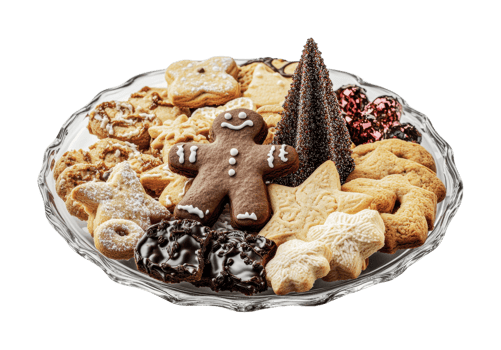 Assorted festive cookies on glass plate with gingerbread and chocolate treats, cut out png