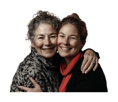 Elderly caucasian female and young caucasian female embracing with joyful smiles, cut out png