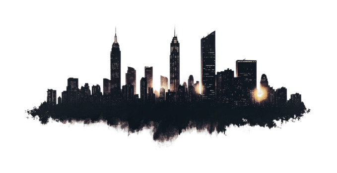 Dramatic nighttime skyline with glowing city lights and skyscrapers, cut out png