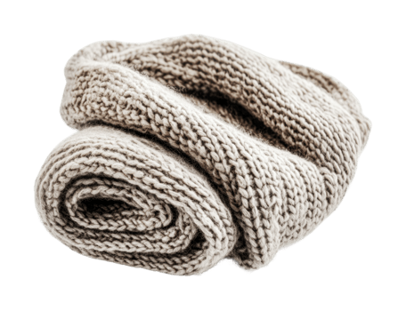 Cozy beige knitted woolen blanket in a rolled position, cut out png