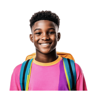 Smiling african male young teen with colorful backpack, cut out png