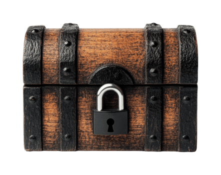 Rustic wooden treasure chest with metal lock, cut out png