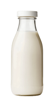 Clear glass milk bottle with white lid filled with fresh milk, cut out png