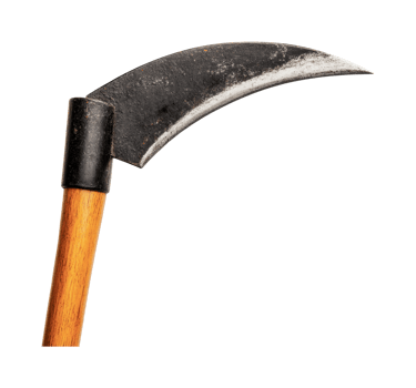 Close-up of rustic sickle with wooden handle and metal blade, cut out png