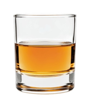 Half-filled glass of whiskey capturing amber hues in clear tumbler, cut out png