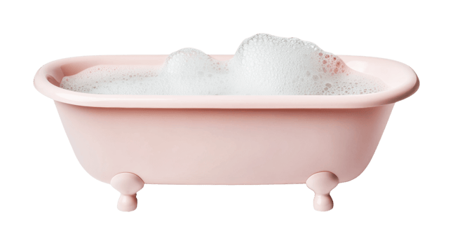 Pink bathtub with foam bubbles isolated, cut out png