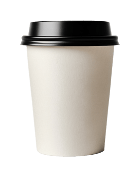 Plain white disposable coffee cup with black lid, cut out png