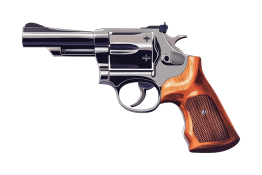 Silver revolver with wooden grip - detailed side view of firearm, cut out png