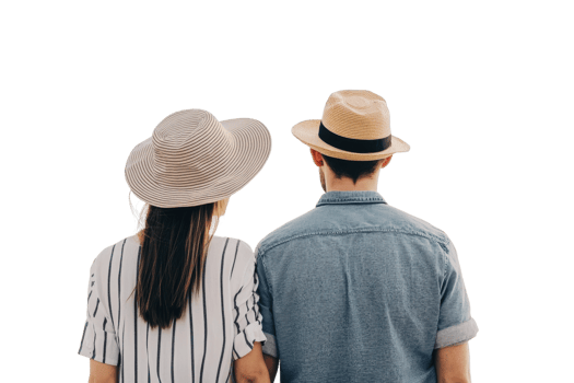 Caucasian young adults wearing hats viewed from behind in casual summer attire, cut out png