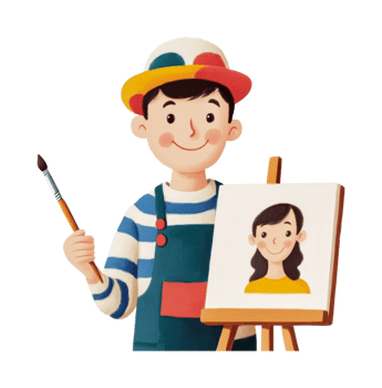 Cheerful cartoon artist painting on canvas with paintbrush, cut out png