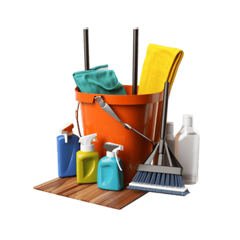 Orange cleaning bucket filled various supplies sts ready png