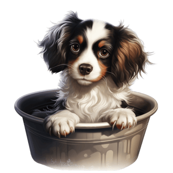 Cute puppy sitting inside a black plastic basket png