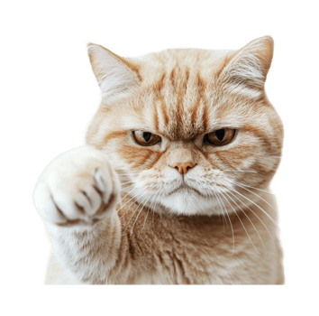 Grumpy orange cat showing paw in a cute gesture, cut out png