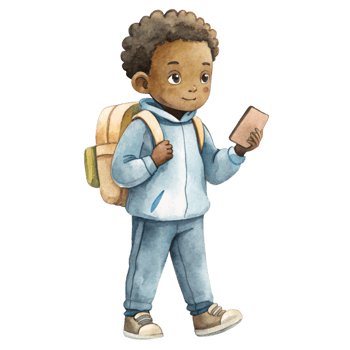 An illustration of a boy with a backpack and phone png