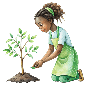 An illustration of a girl planting a tree png