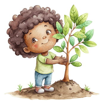 Watercolor illustration of a little boy planting a tree png