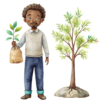A black man holding a plant and a tree png