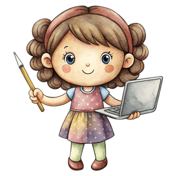 A cartoon girl holding a pencil and a laptop png