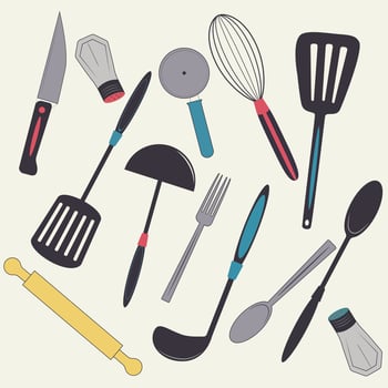 Collage of kitchen utensils for cooking, things for a chef, Set of ladles knives and spoons vector