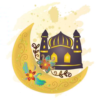 Ramadan and Eid Mubarak Illustration with Mosque and Crescent Moon vector
