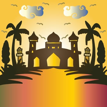 Mosque at Sunset An Islamic Landmark with Palm Trees vector