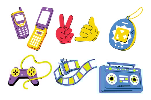 Nostalgic throwbacks, a vibrant collection of iconic 90s gadgets illustration vector