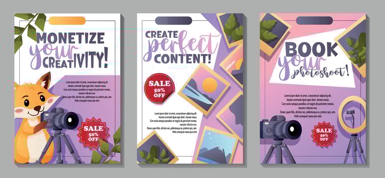 Set of flyers for photo studios and content creators vector
