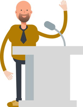 Bald Businessman Character Speaking on Podium and Rising Hand png