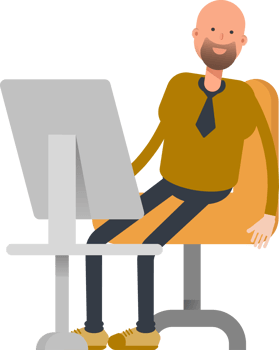 Bald Businessman Character Working on Desktop png