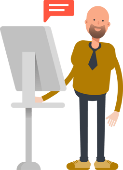 Bald Businessman Character Working on Computer png