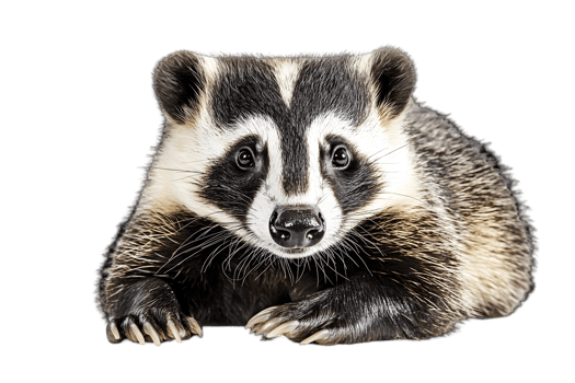 Adorable Badger Lying Down Isolated with Transparent Background in Studio Setting with Striped Pattern and White and Black Color png