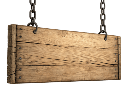 Wooden sign hanging on chains, rustic design, perfect for decoration or signage png