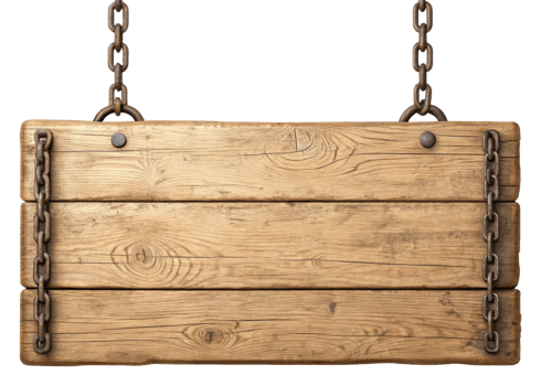 Rustic wooden sign hanging from chains, perfect for decoration or signage. png