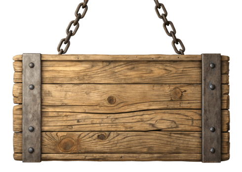 Rustic wooden sign with metal brackets and chains, perfect for decoration or signage png