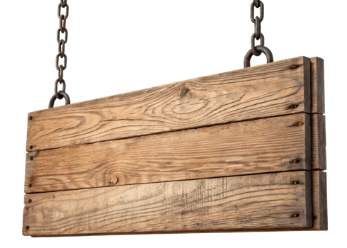 A Rustic wooden sign hanging from chains, perfect for decoration or signage png