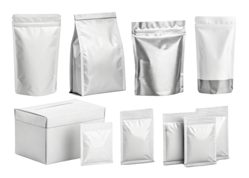 Minimalist packaging design featuring various white bags and boxes png