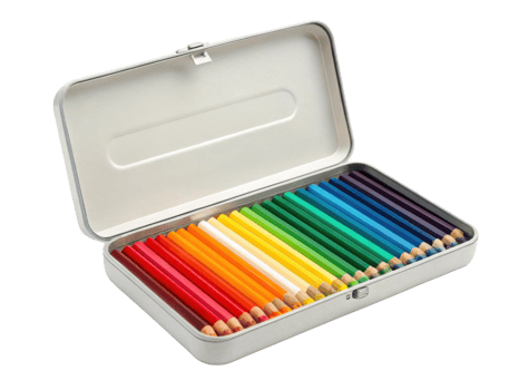 Colorful pencils in metal case, perfect for art and creativity png