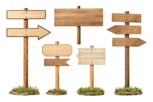 Wooden signposts in various shapes and directions, ideal for guidance and decoration png