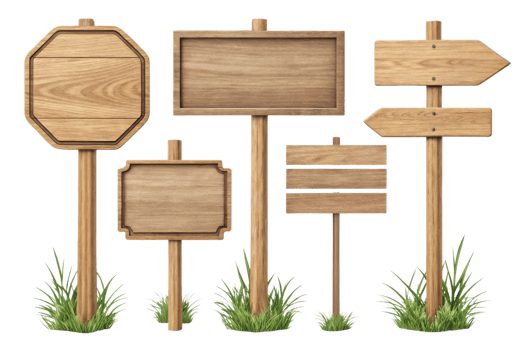 Wooden signs in various shapes and sizes with grass accents png