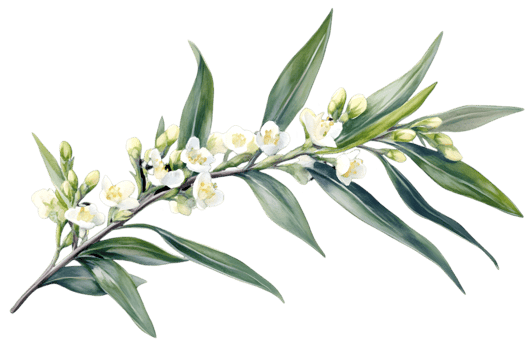Blooming White Flowers with Green Leaves Branch on Transparent Background Detailed Botanical Illustration for Floral Decoration png