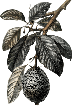 Botanical Illustration of Exotic Fruit Hanging from Branch with Silver Leaves and Rough Texture on Transparent Background png