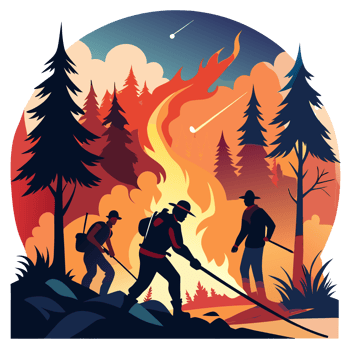 Wildfire Intensity Minimalist Illustration of Firefighters Battling Dynamic Flames png