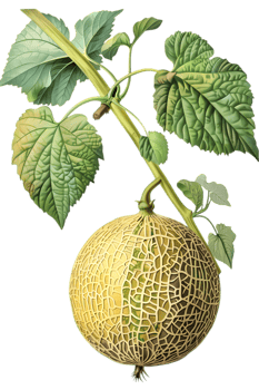 Close Up Melon with Green Leaves and Branch on Transparent Background Detailed Botanical Illustration of Sweet Fresh Cantaloupe Design Element png