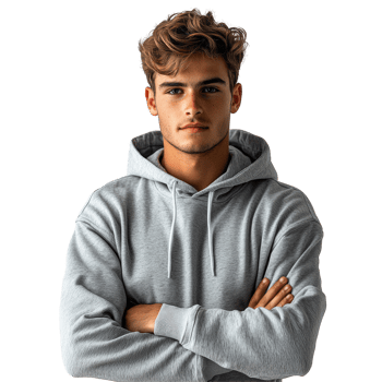 Young man in light gray hoodie with arms crossed isolated on transparent background png