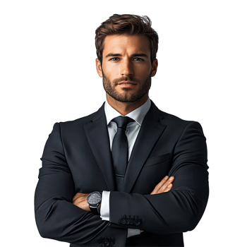 Businessman in black suit with arms crossed isolated on transparent background png